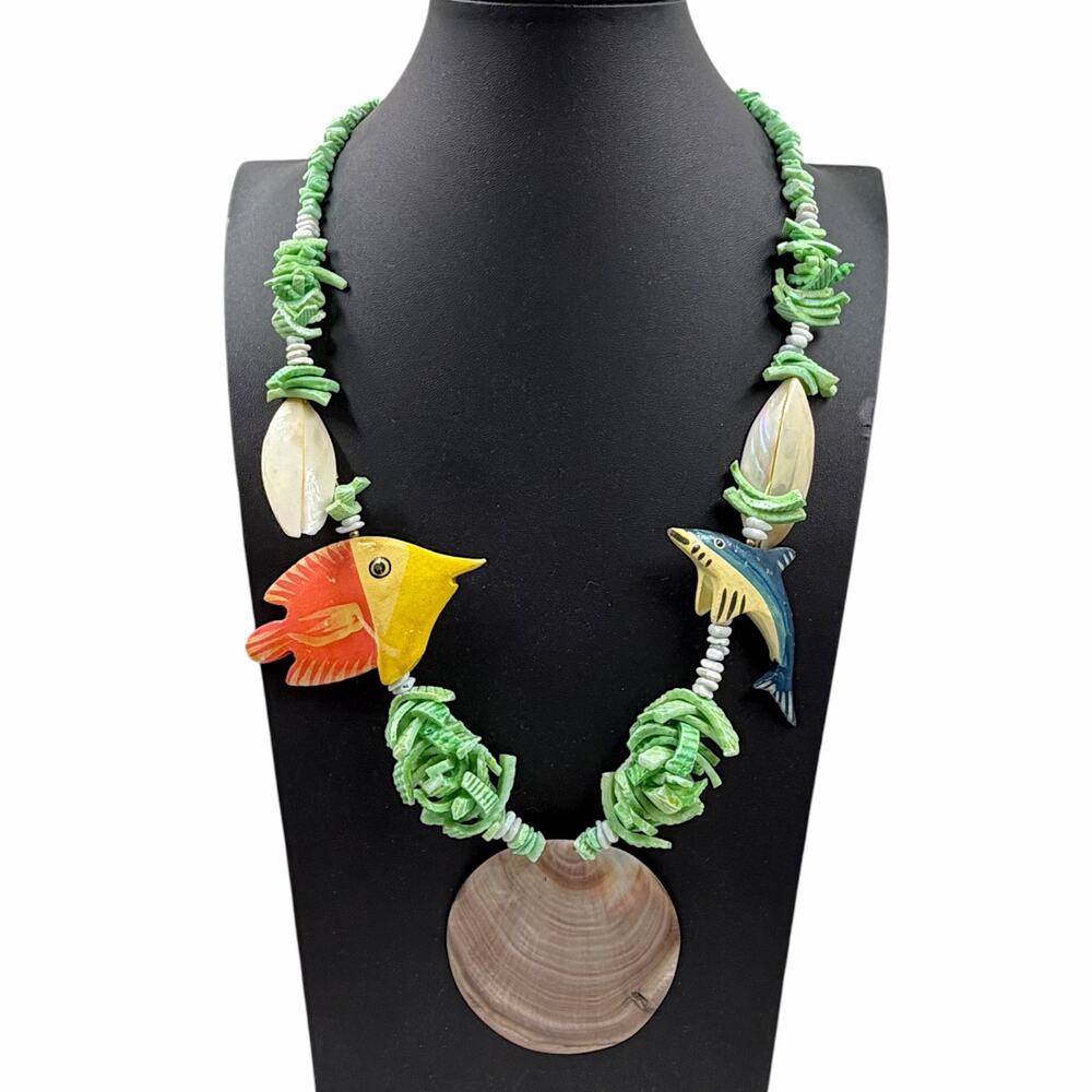VTG 80s 90s Carved Wood Fish Sea Shell Statement Necklace Tropical Beach 26"